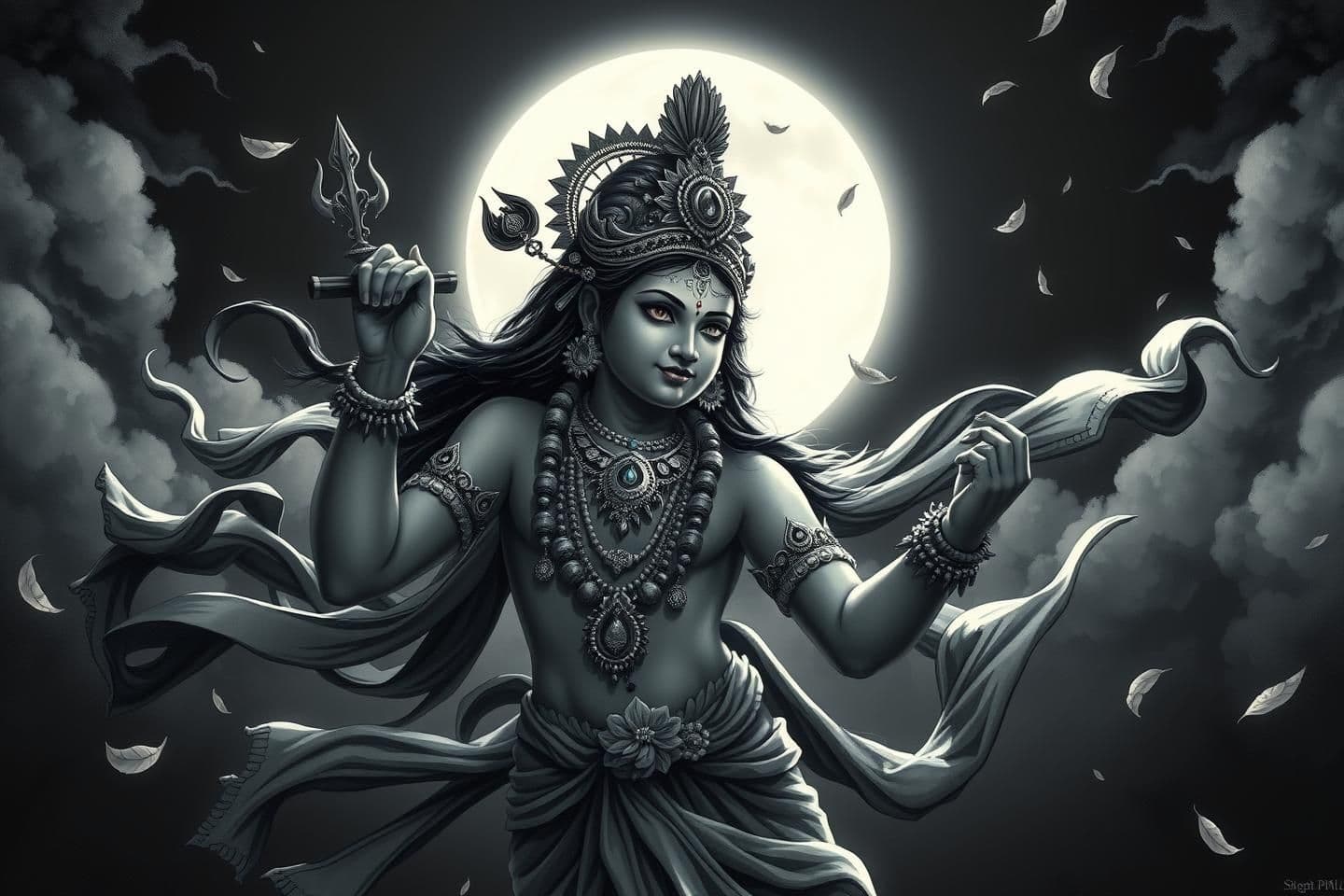 AI generated:
“Create a dramatic monochrome illustration of Lord Krishna in a dynamic pose under a glowing full moon. Show him adorned with detailed jewelry, sacred markings on the forehead, fl