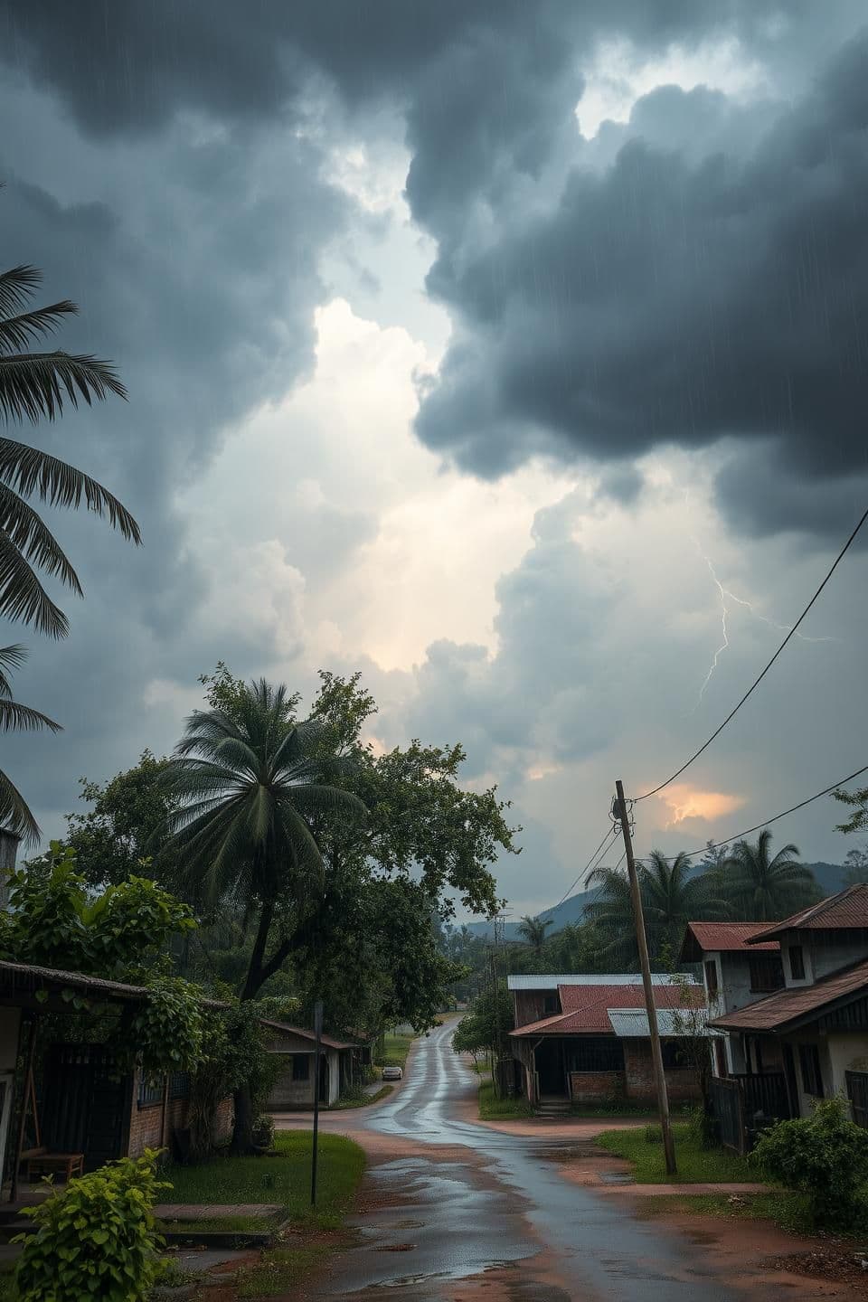 AI generated: A dramatic monsoon scene: beautifully adorned rain clouds arrive in the sky like honored guests. A lively breeze dances ahead of them, rustling through open doors and windows in a