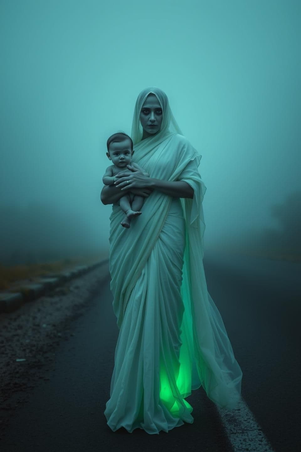 AI generated: a ghostly woman in a flowing white sari standing on the foggy roadside, cradling a small child in her arms, both with unnaturally pale skin and hollow eyes, thumb out hitchhiking,