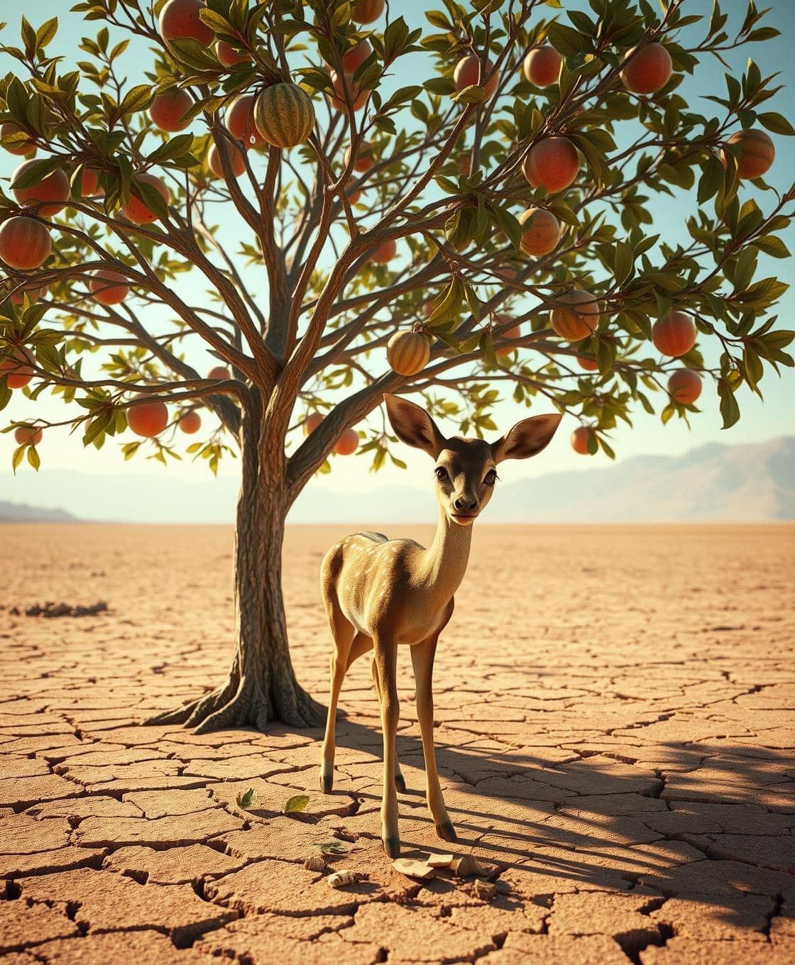 AI generated: Ultra HD 4K, Hyper-Realistic, 3D Rendered Cinematic Shot.
A huge watermelon tree stands in the middle of the dry cracked desert ground,
but now the tree has no watermelons left — e