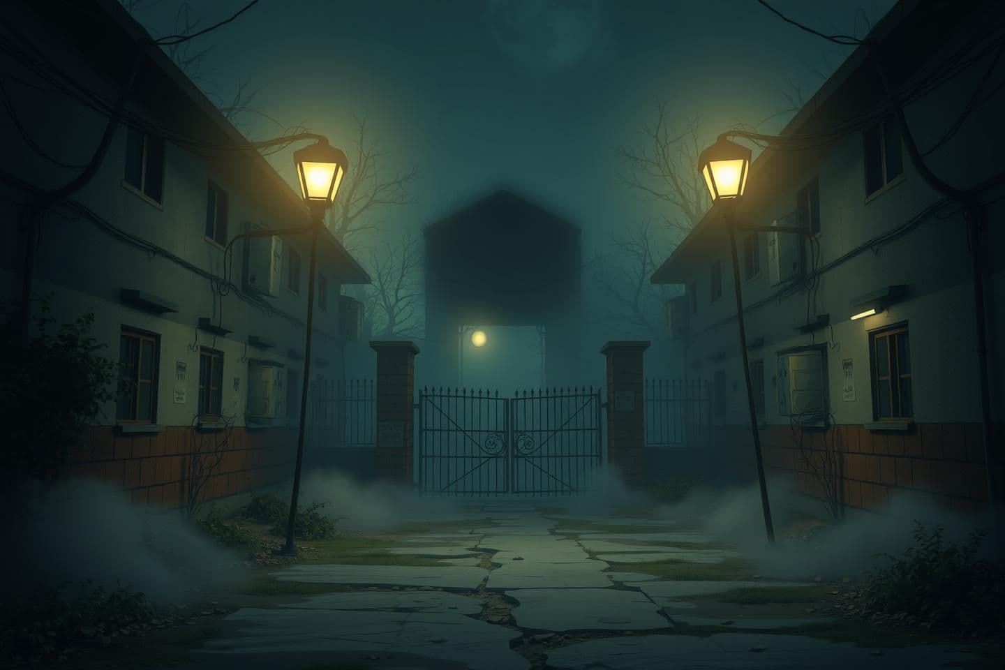 AI generated: IMPORTANT: Generate with all text in Hindi script only. Old girls hostel at night, broken streetlights, fog spreading, darkness near the gate, creepy atmosphere, no people, 16:9 ci