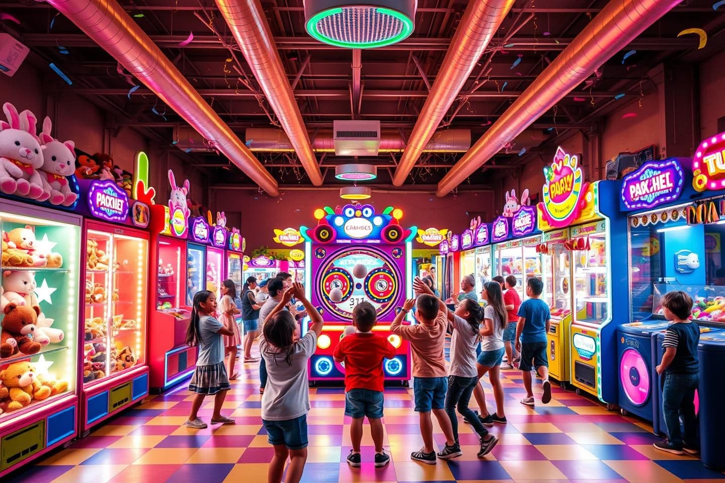 AI generated: A vibrant, colorful indoor arcade filled with bright neon lights, glowing signs, and festive confetti. Children and families are happily playing various arcade and carnival-style g