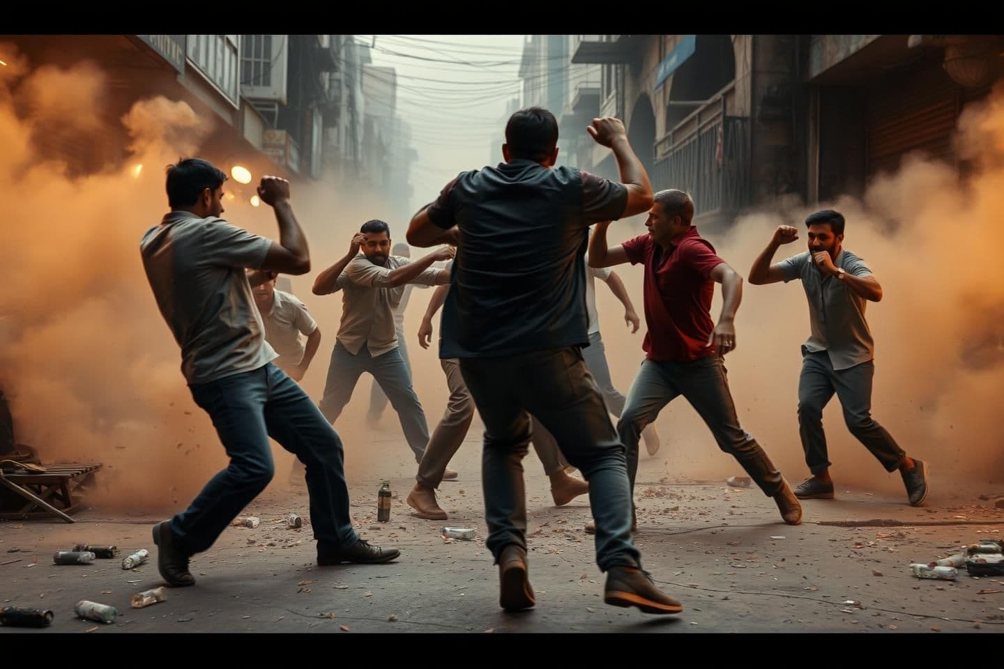 AI generated: A chaotic street fight scene in the background, with several men fighting each other — some punching, some kicking, and some grappling. The setting is an urban street with dust and