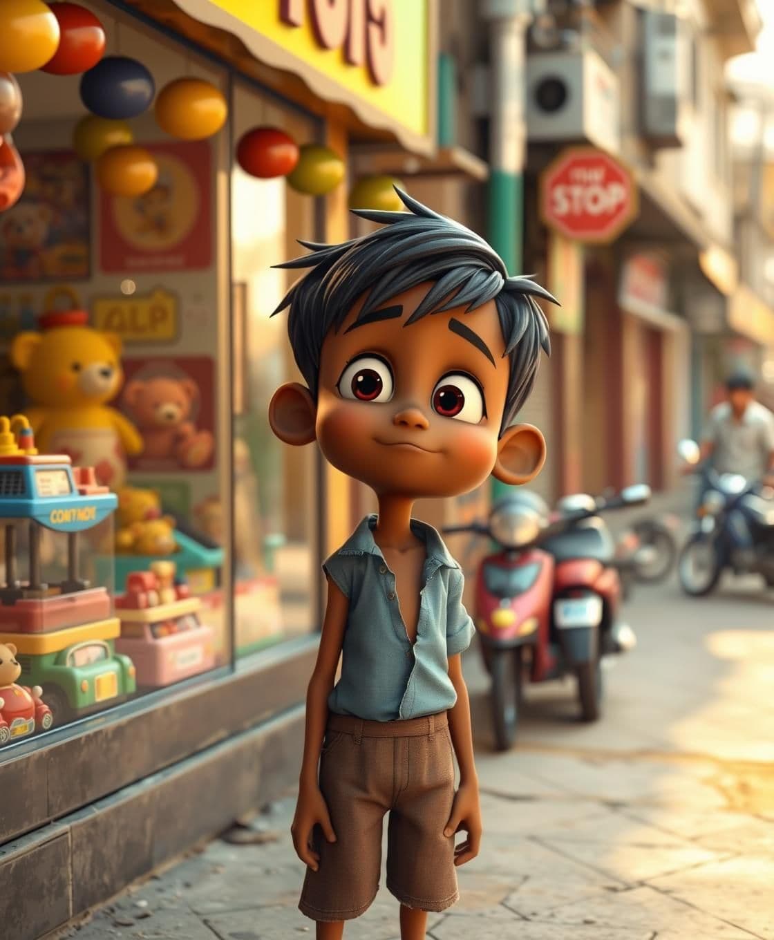 AI generated: A 3D cartoon style scene of a poor little Indian boy, around 7 years old, thin body, short messy black hair, brown skin, wearing torn light-blue shirt and brown shorts. He is stand