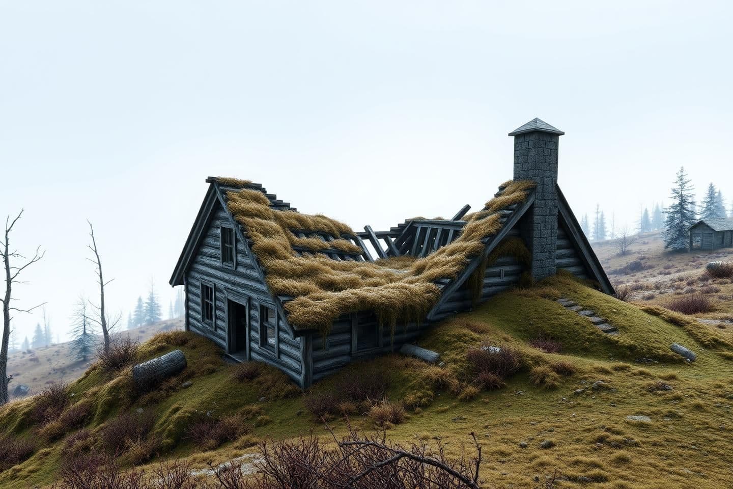 AI generated: A highly stylized 3D render of a remote, overgrown structure half-sunken into northern wilderness, its collapsed roof barely visible under moss and frost, with no characters presen