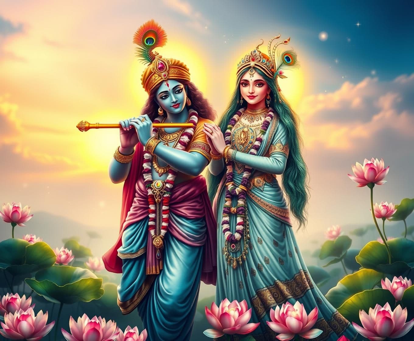 AI generated: "Create a divine and enchanting portrait of Radha and Krishna standing together in Vrindavan. Krishna plays the flute softly while Radha stands beside him adorned in elegant tradit