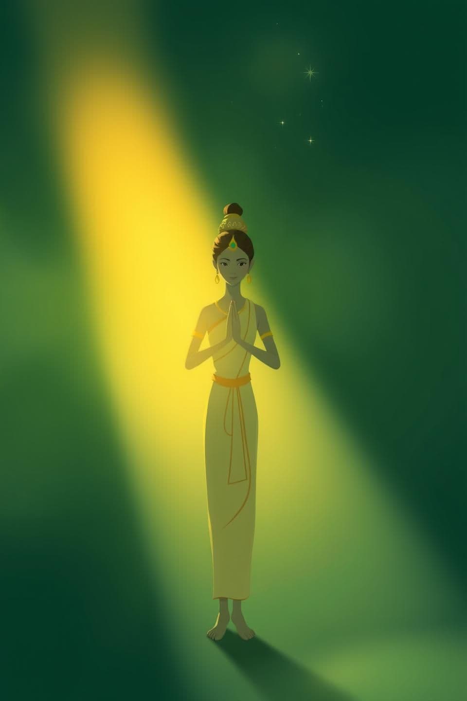 AI generated: A 9:16 divine Indian-style illustration showing a single graceful character (Ratnakar or a symbolic devotee) standing with folded hands, soft golden divine light focused only on th