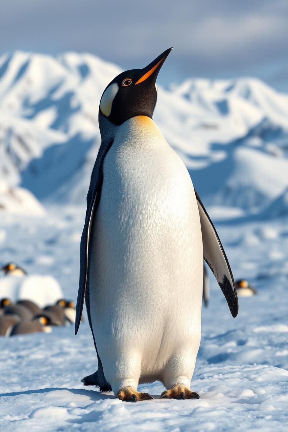AI generated: Ultra-realistic photorealistic penguin standing on icy mountain landscape, vast frozen terrain, natural cold atmosphere, penguin looking curious and hopeful, detailed feathers, rea