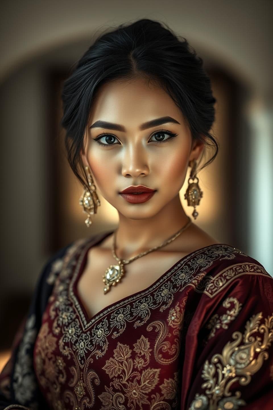 AI generated: {
"prompt": "Ultra-realistic portrait of a woman in elegant traditional attire, standing in a softly lit environment. Hyper-detailed skin texture, natural pores, micro-detail on