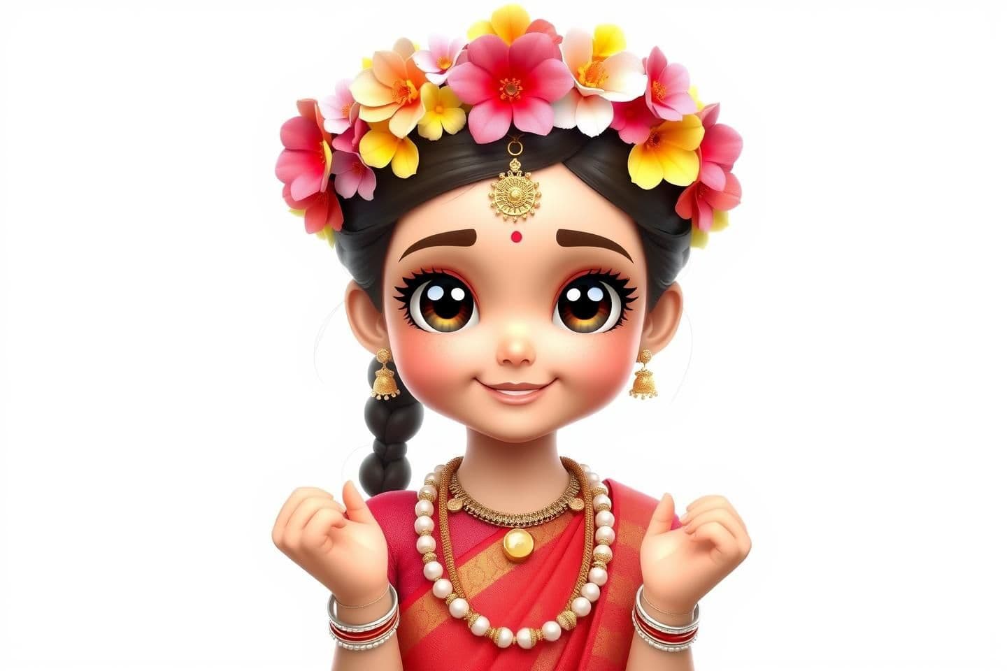AI generated: A beautiful 10-year-old girl character, no background — pure white or transparent background. She has big, shiny eyes with thick black kajal, soft pink eyeshadow above the eyes, an
