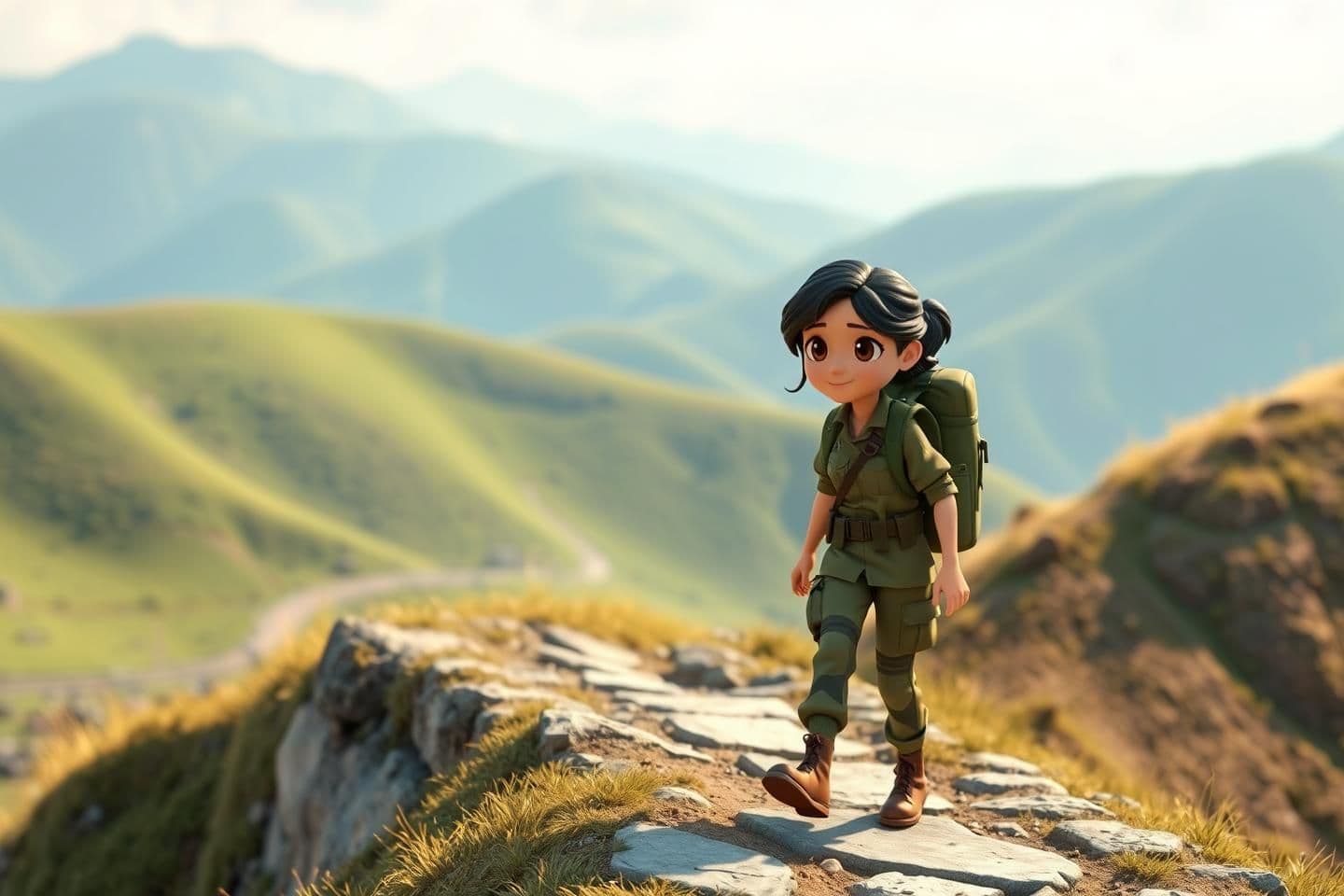 AI generated: 3D cartoonish yet realistic Indian female soldier walking on a mountain slope, wearing olive-green uniform, backpack on shoulders, rural Indian Himalayan background, cool breeze, g