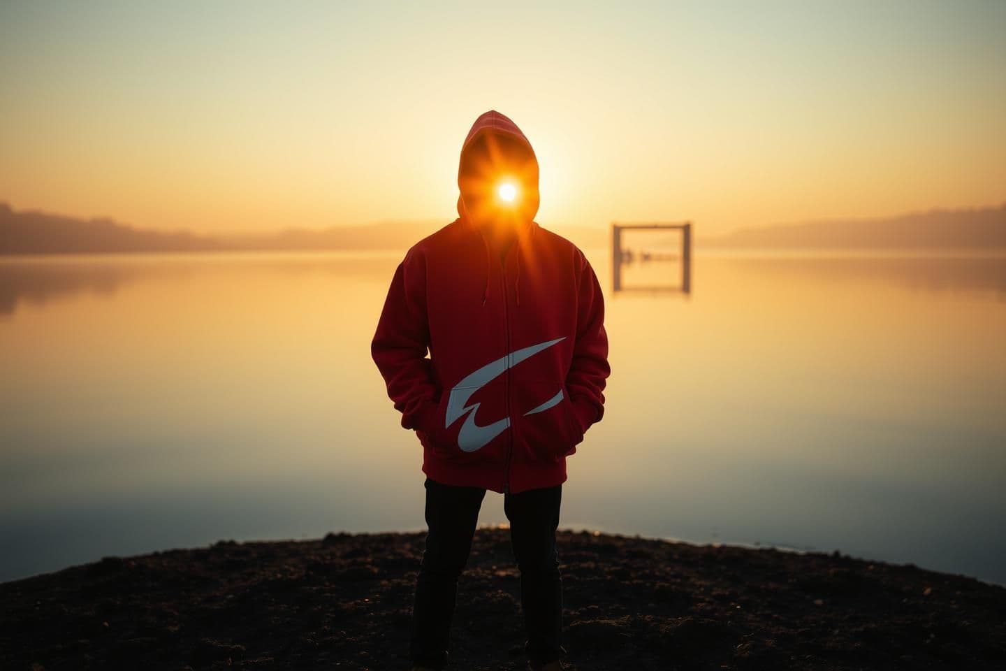 AI generated: The person stands on a small patch of dark, uneven ground at the edge of a calm lake during golden hour. The warm sunset light creates a soft golden rim-light around the figure, ca