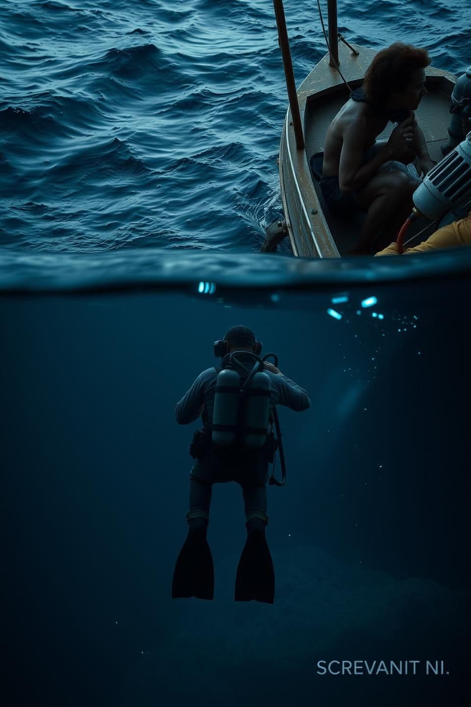 AI generated: Ultra-realistic cinematic shot of the Arabian Sea in 1983. Deep dark-blue ocean captured from a high aerial perspective with natural wave patterns and subtle reflections of a cloud