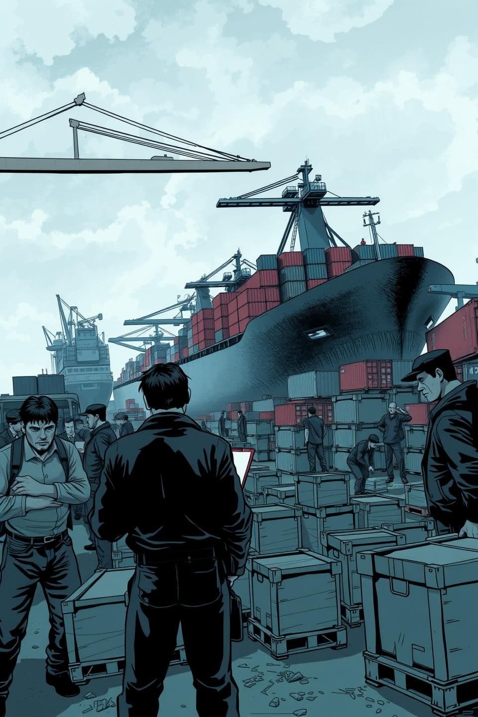 AI generated: A tense and gritty comic-style scene set at a bustling harbor dock. The illustration shows workers unloading crates from ships while supervisors stand by, barking orders. The worke