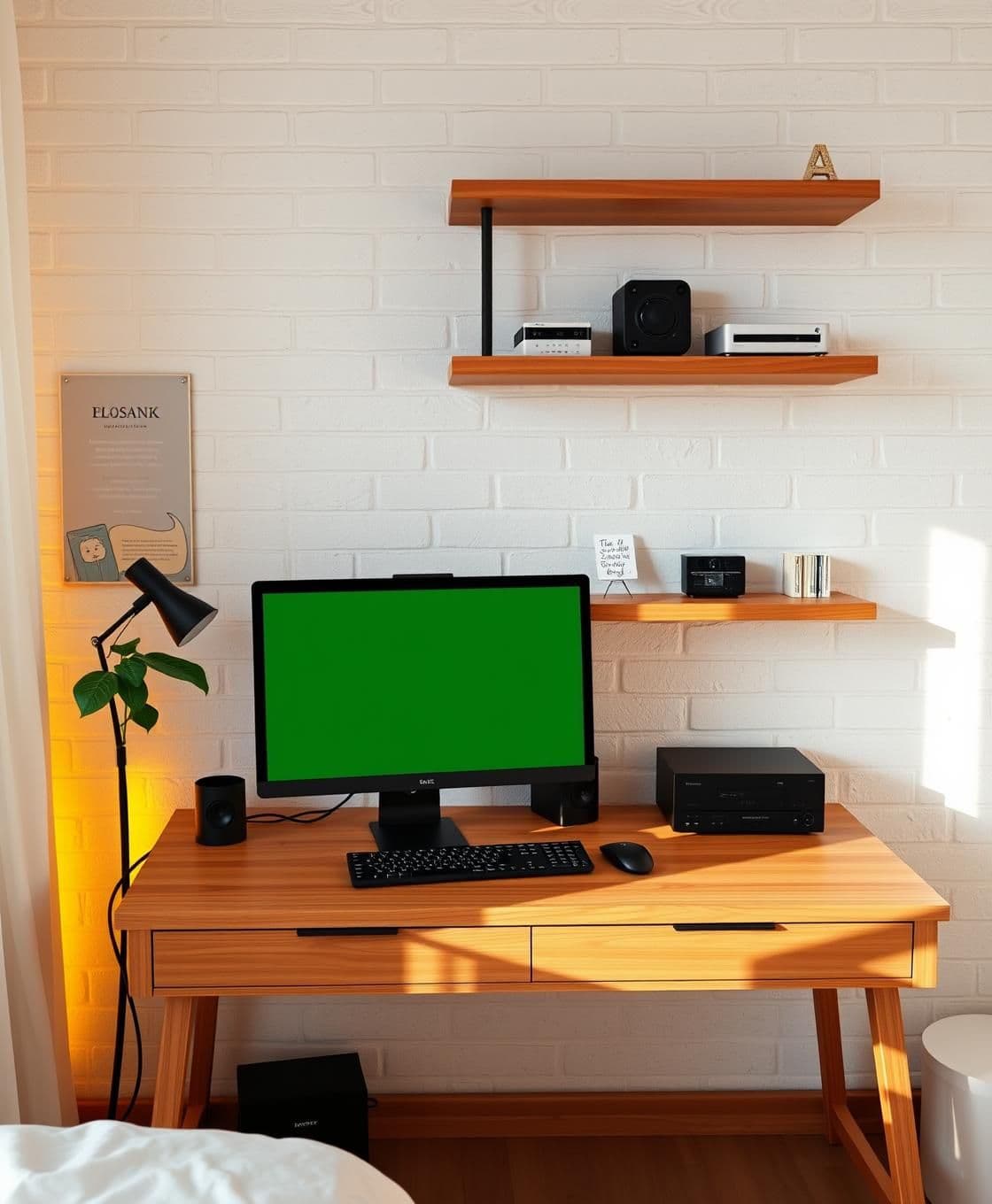AI generated: A cozy, realistic home office or bedroom workspace with a minimalist setup. A simple wooden desk with a modern computer on it, showing a solid green screen. The scene includes natu