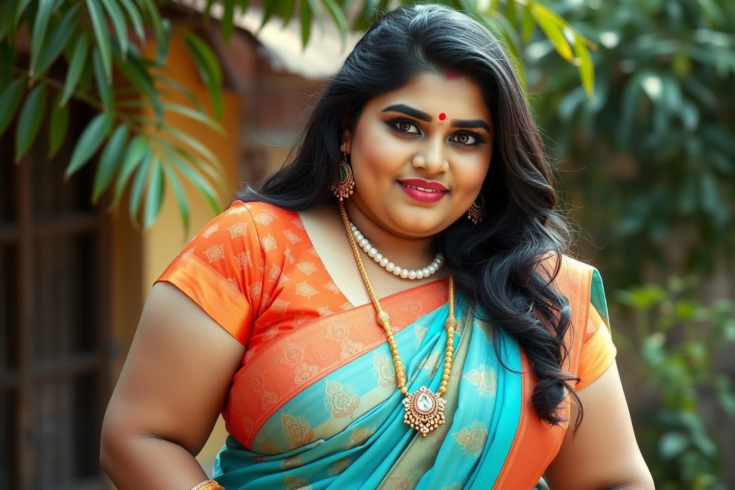 AI generated: "Roopvati Mehak : Fair skin tone, curvy plus-size body, confident personality, wearing orange printed short-sleeve blouse and turquoise lehenga, gold bangles, pearl earrings, long