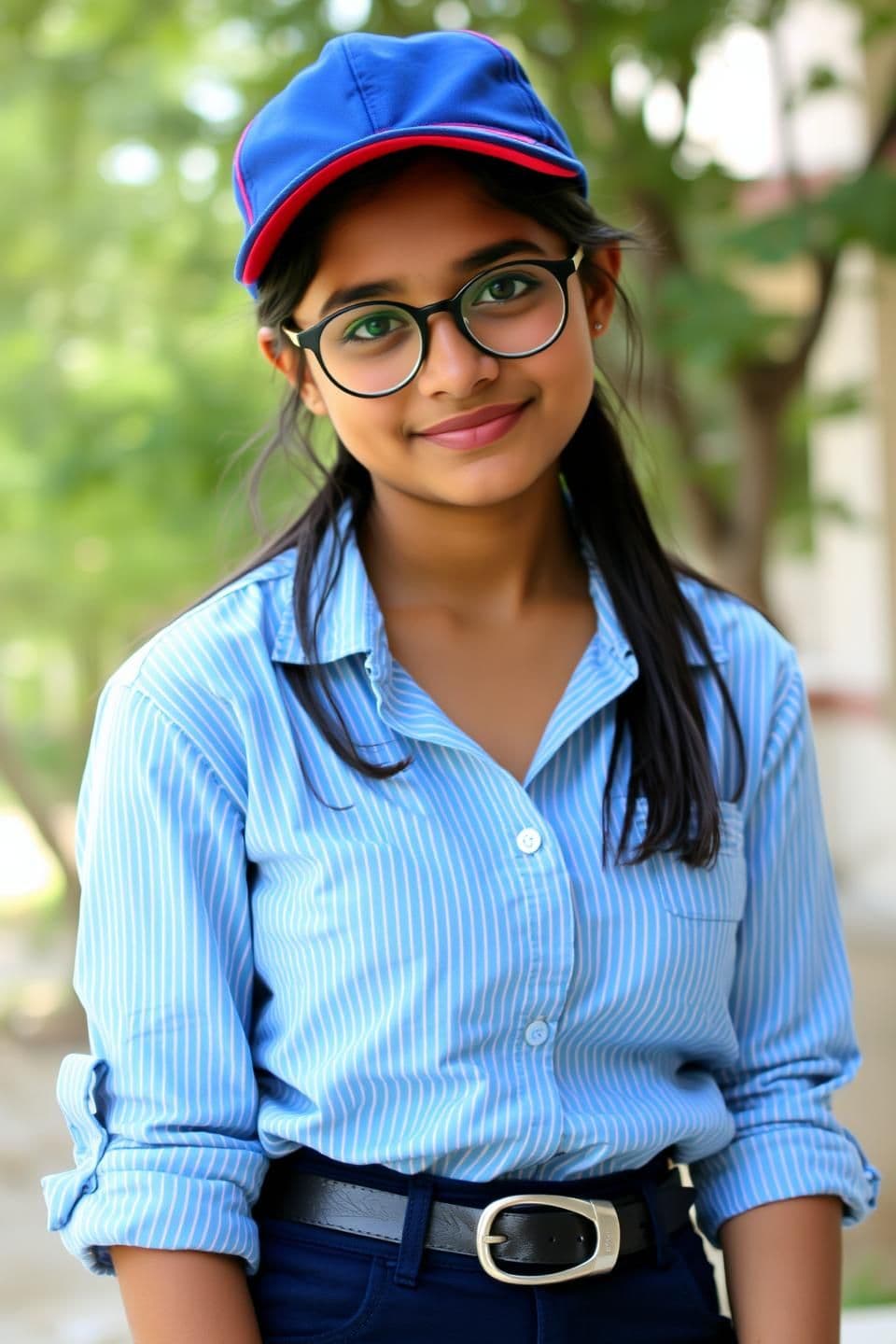 AI generated: A young woman, likely in her early sixteens , of Indian descent, is positioned slightly off-center in the frame, facing the viewer with a subtle smile. She is looking directly into