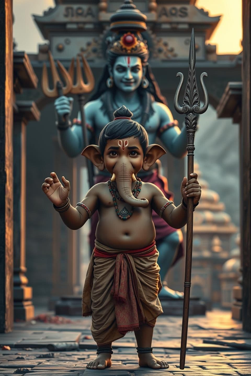 AI generated: 9:16 vertical, realistic image of young human boy Ganesha as gatekeeper standing firmly at ancient Himalayan temple gate. He has dusky Indian skin, simple dhoti, sacred thread, til