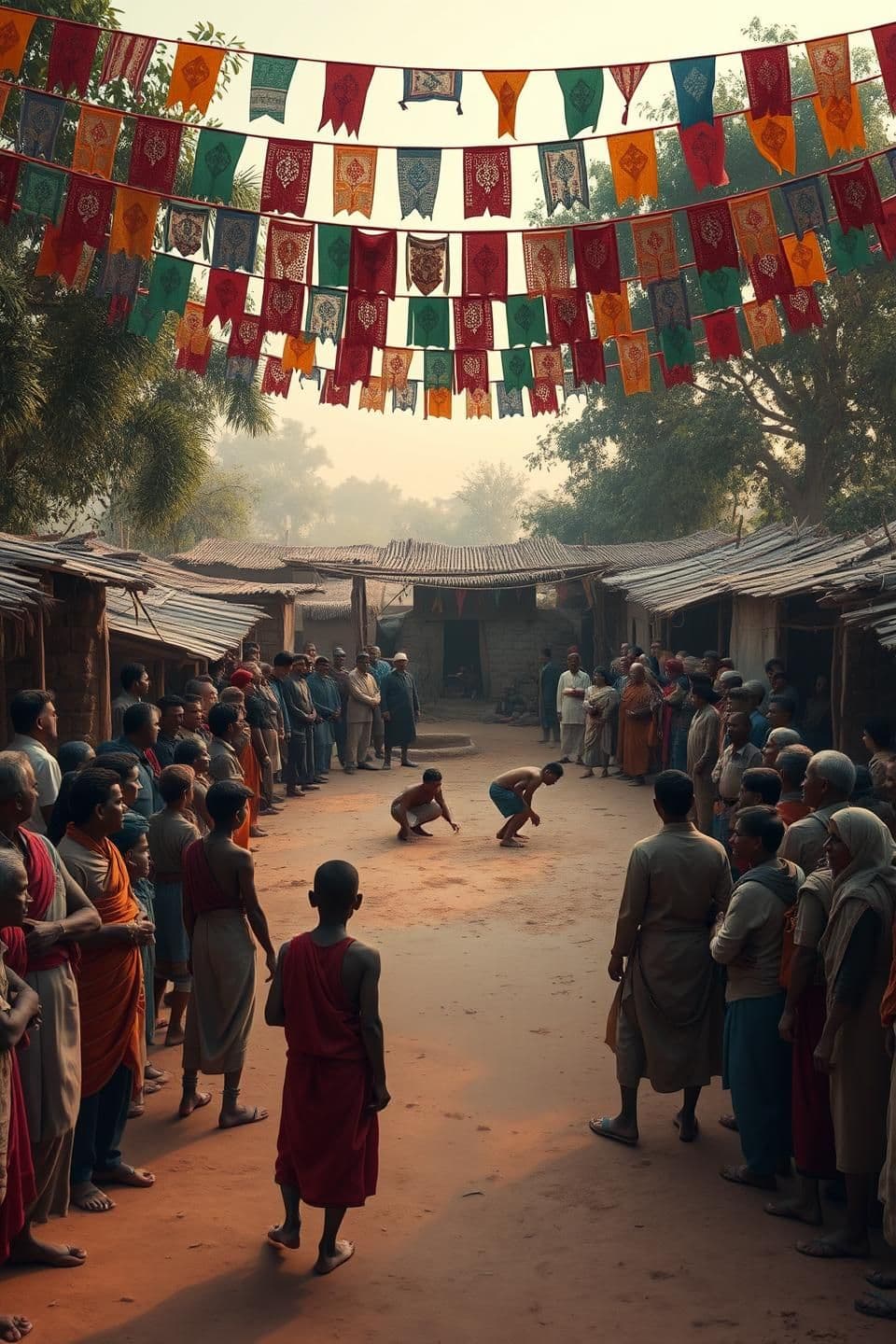 AI generated: A small village scene with a traditional akhada (wrestling arena). Many villagers standing around in excitement, wearing simple rural clothes. Dusty ground, soft evening light, col