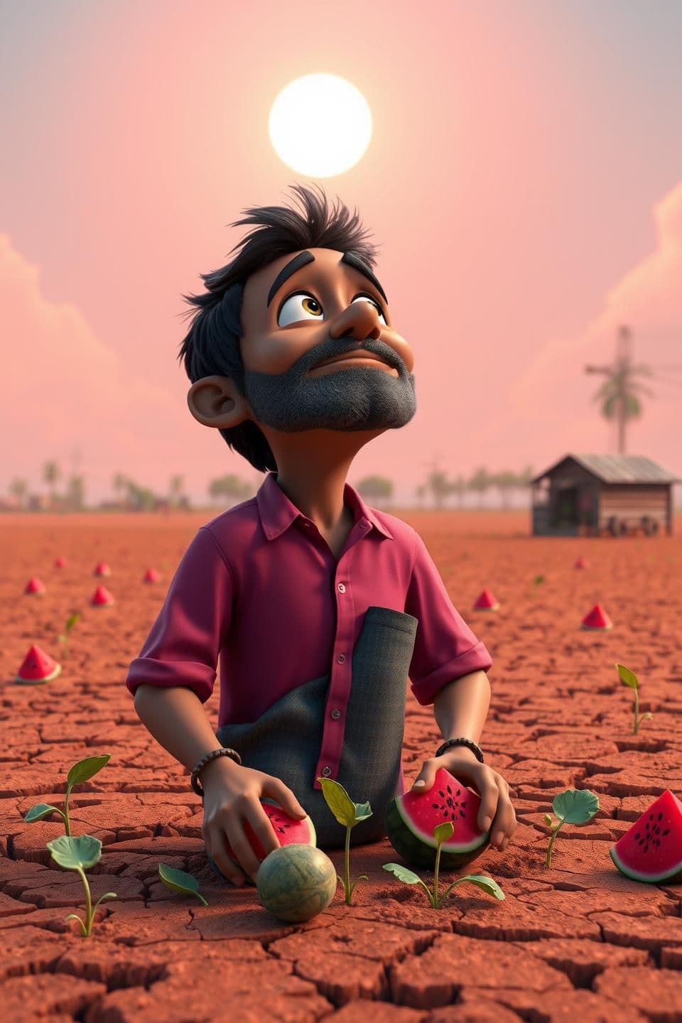 AI generated: Indian farmer looking up at the sky with tears in his eyes, no clouds, strong heat waves, dry farmland, hyper 3D cartoon character, emotional scene, Indian rural atmosphereIndian f