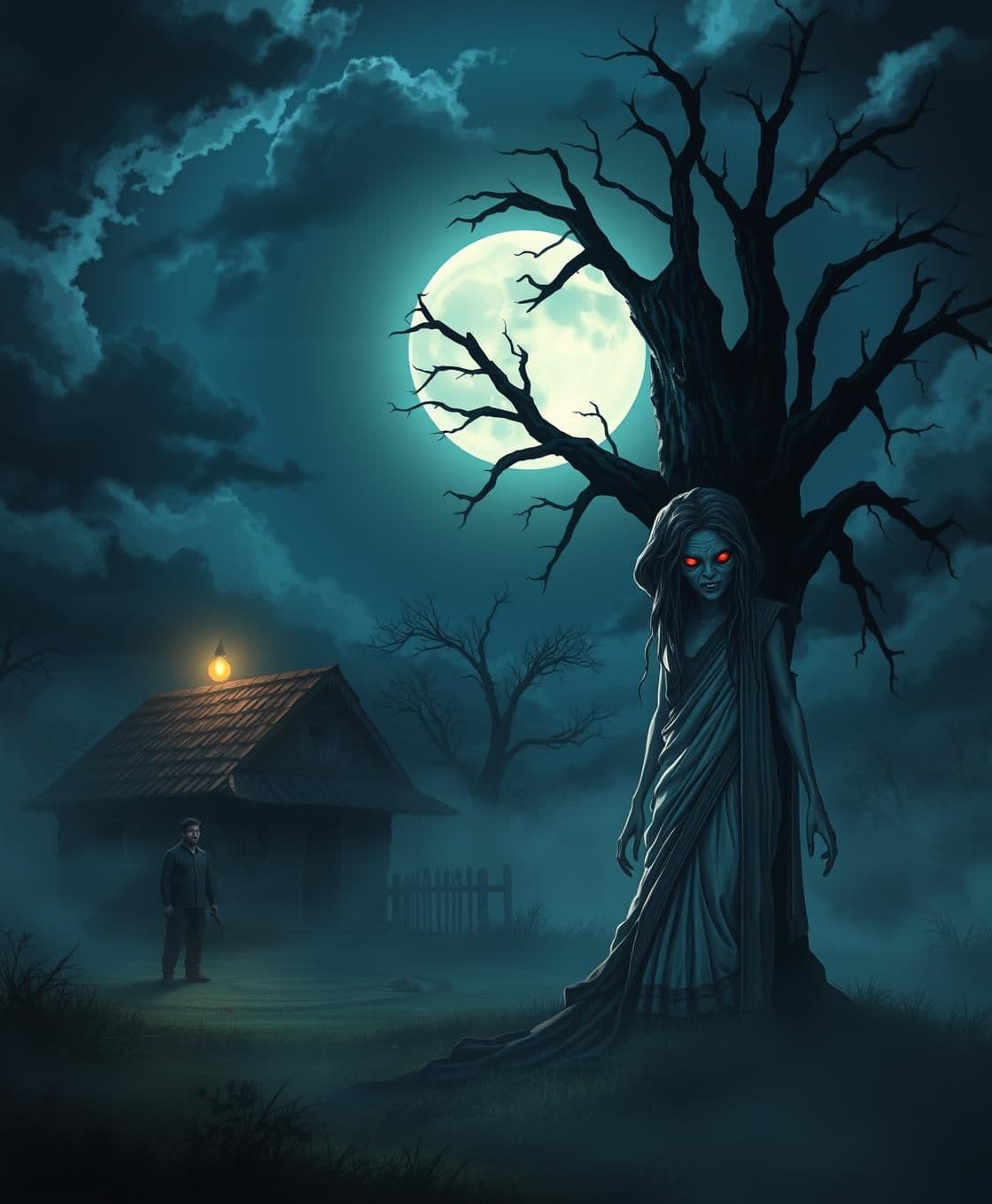AI generated: **“Create a dark 2D horror YouTube thumbnail set at midnight in a lonely village. Show a large creepy tree in the center-right, with a terrifying dayan standing beside it — long me