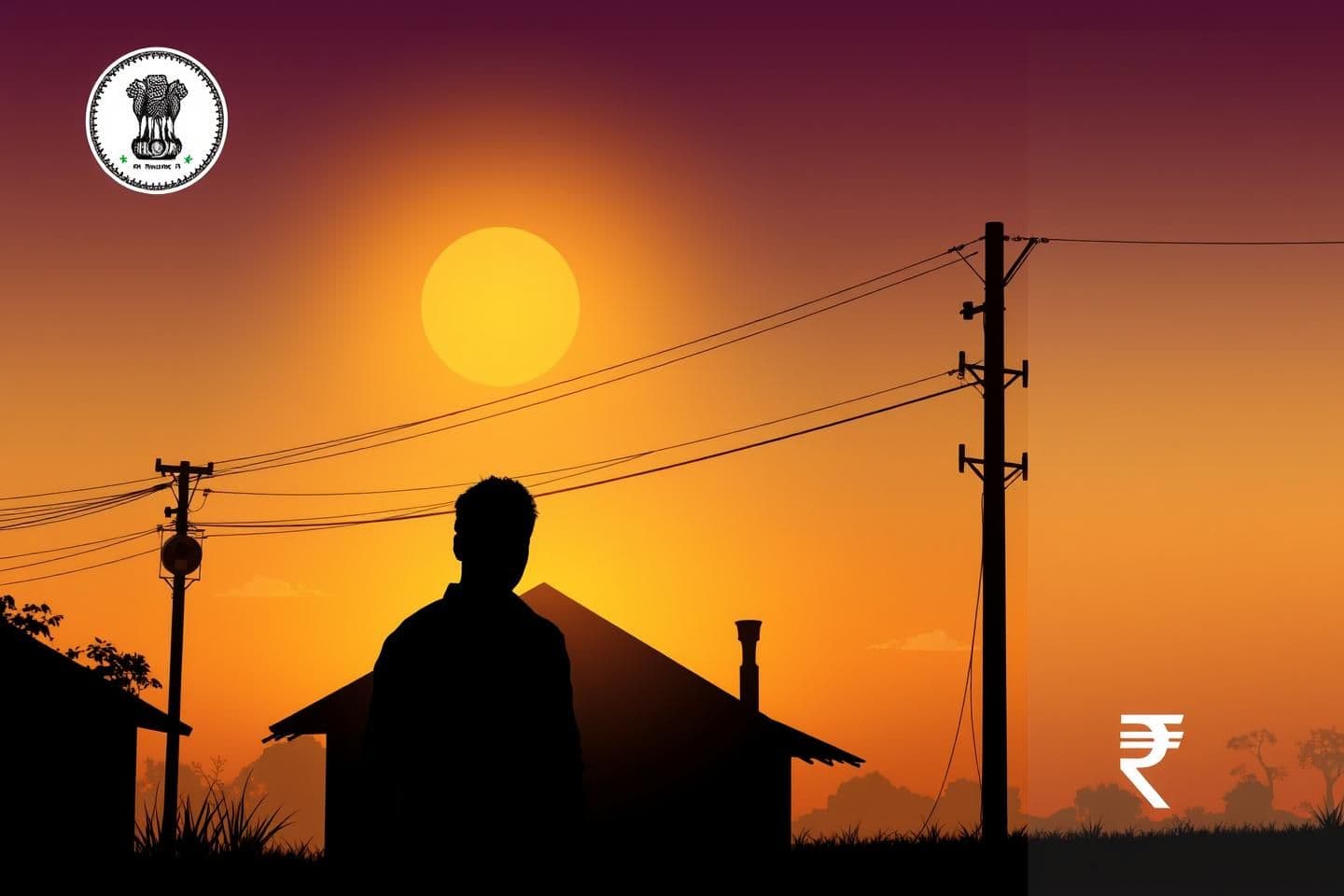 AI generated: 16:9 cinematic poster of an Indian household silhouette in front of an electricity pole and meter, warm hopeful sunrise light, bold headline area at top, subtle government emblem w