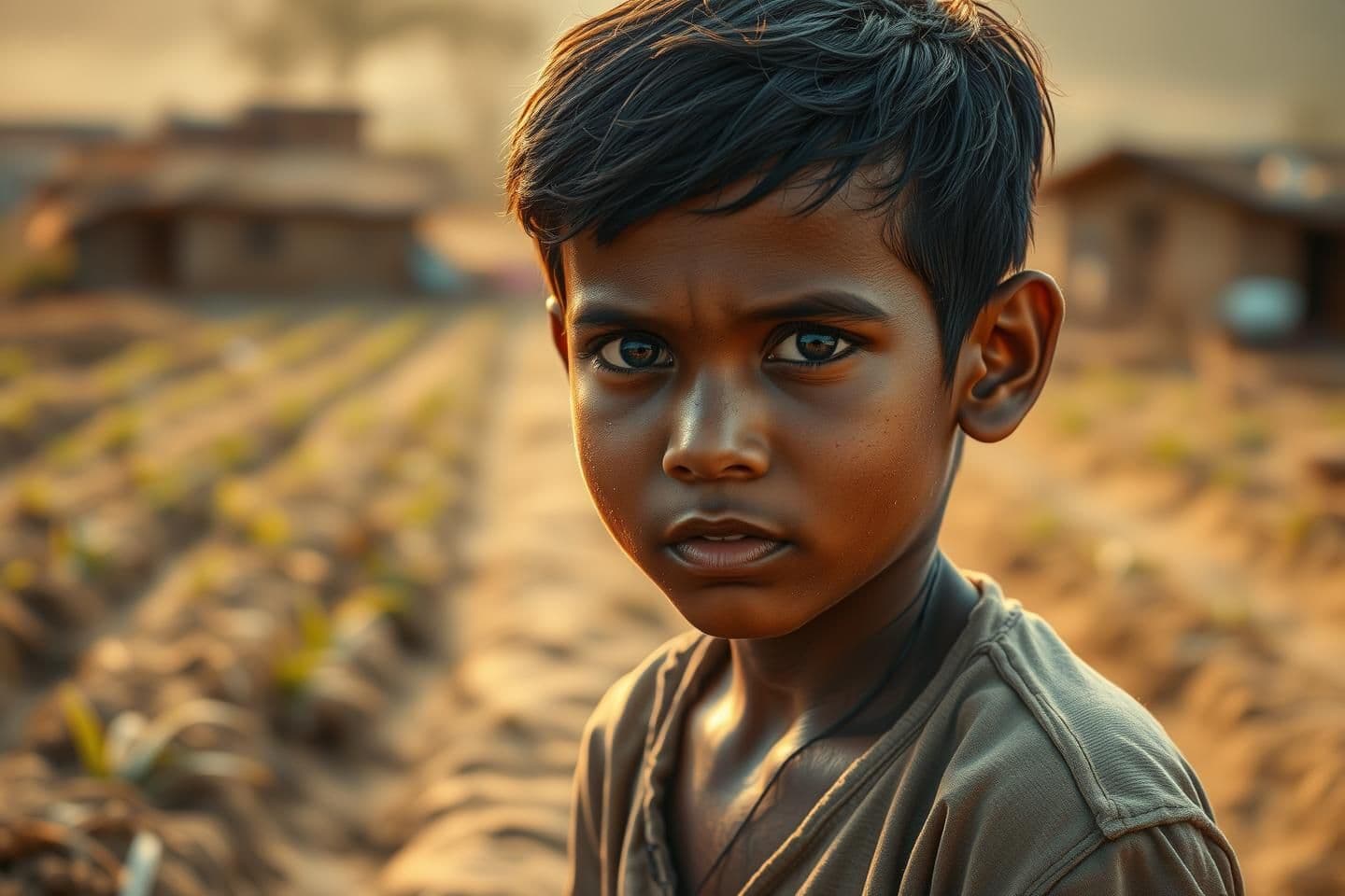 AI generated: "Realistic cinematic shot of a young Indian village boy working in a dusty crop field early morning, sweat on face, simple torn shirt, golden sunlight hitting him, rural background