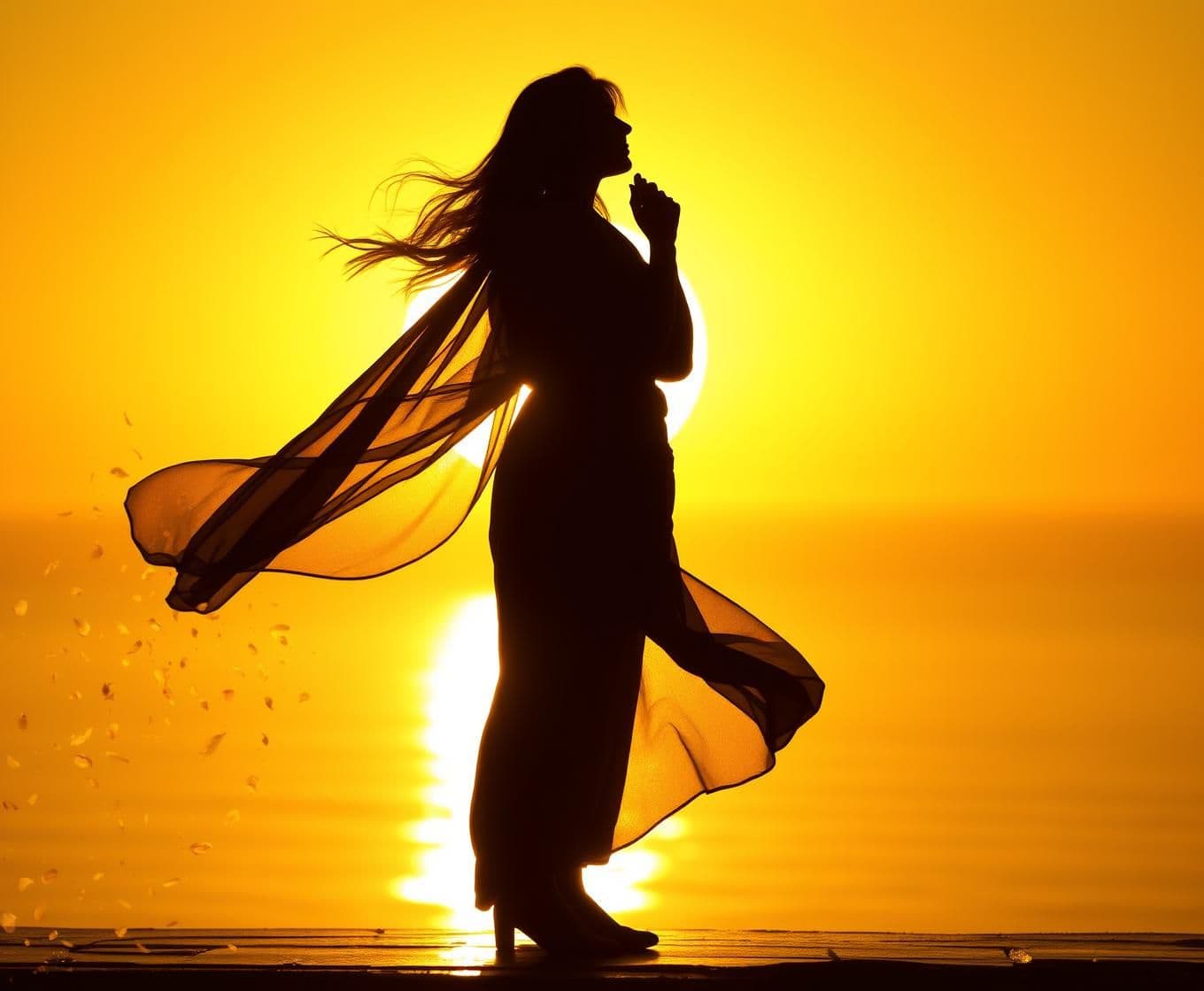 AI generated:
### 🖼️ Frame 6 – Finale Silhouette (0:37–0:42)
> *Silhouette of the singer against a radiant sunrise. Her robe and hair flow in the breeze, faint golden petals drifting away. T