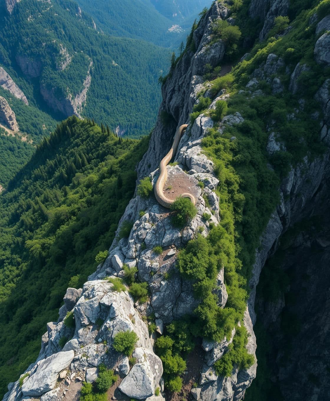 AI generated: "Aerial drone shot over a rugged mountain landscape with steep cliffs and dense green foliage. The camera captures a gigantic snake slithering along a rocky ridge, its scales glist