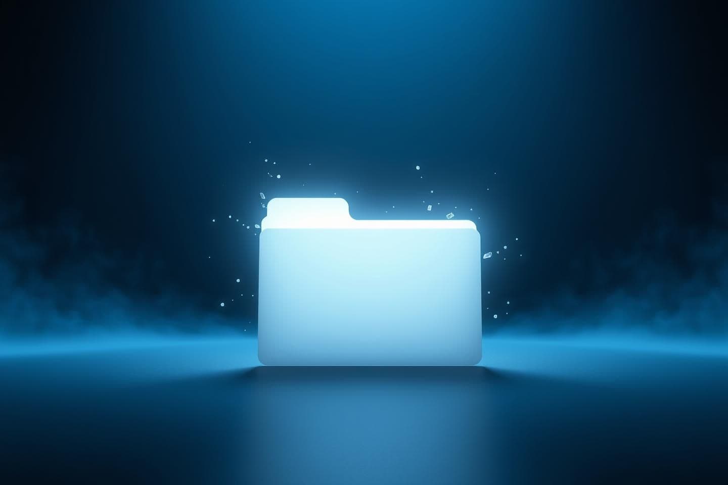 AI generated: A highly stylized 3D render showing a glowing white file folder slowly dissolving into light particles inside a dim, infinite void, lit with soft, cold blue light fading to black,