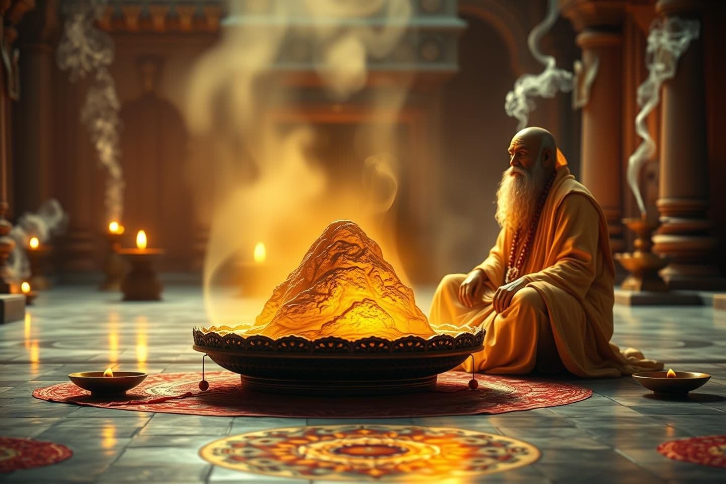 AI generated: A divine Sanatan Dharma–style 16:9 thumbnail: a sacred glowing til mountain (til parvat) placed on a traditional puja thali, surrounded by soft golden aura; a serene saint sitting