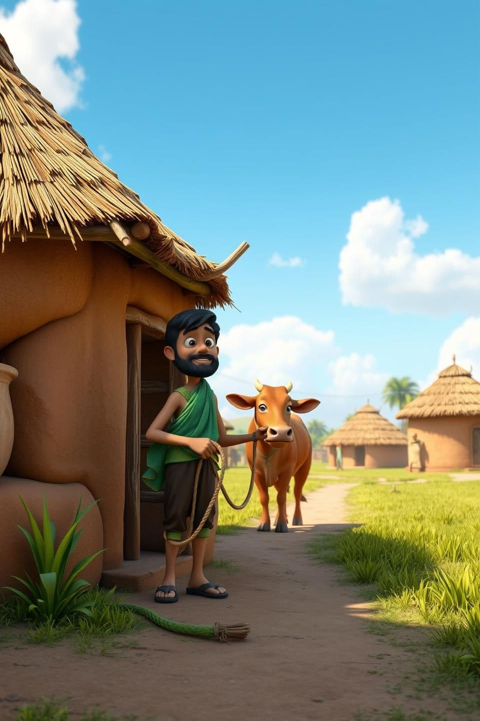 AI generated: Prompt:
A poor Indian farmer standing outside his small clay house in a peaceful village, holding a rope tied to his brown cow. Green fields and small huts around, clear blue sky w