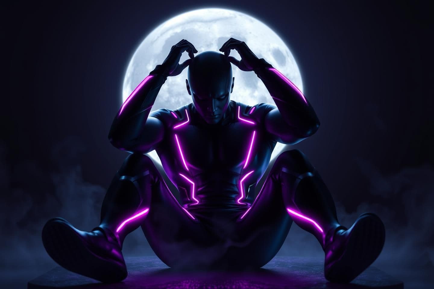 AI generated: “Create a hyper-stylized faceless vigilante sitting in a psychological-struggle pose, hands grabbing the head as if battling inner demons. The character has a muscular athletic bui