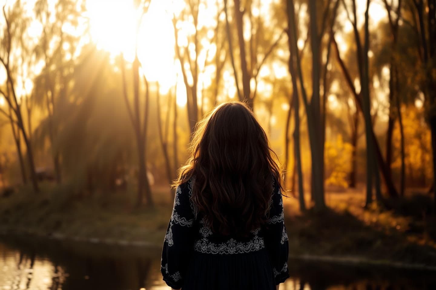 AI generated: A rear view of a woman with long, dark, wavy hair, standing outdoors with her back to the viewer. She is wearing a long-sleeved, dark-colored dress with intricate white embroidered