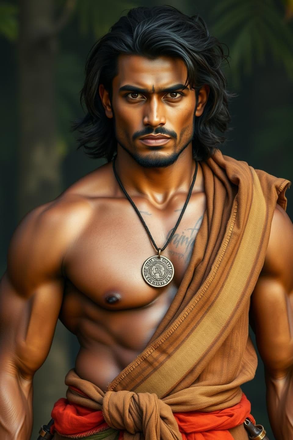 AI generated: > A powerful South Indian male hero, mid-20s, muscular athletic build with broad shoulders and strong arms, deep sun-bronze skin tone, raw outdoor tan, rough hands of a forest prot