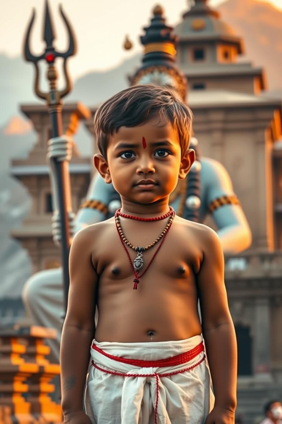 AI generated: 9:16 vertical realistic image showing only a regular Indian boy, 3-6 years old, in a simple white dhoti, sacred thread, red tilak. No animal ears, no trunk—completely normal child