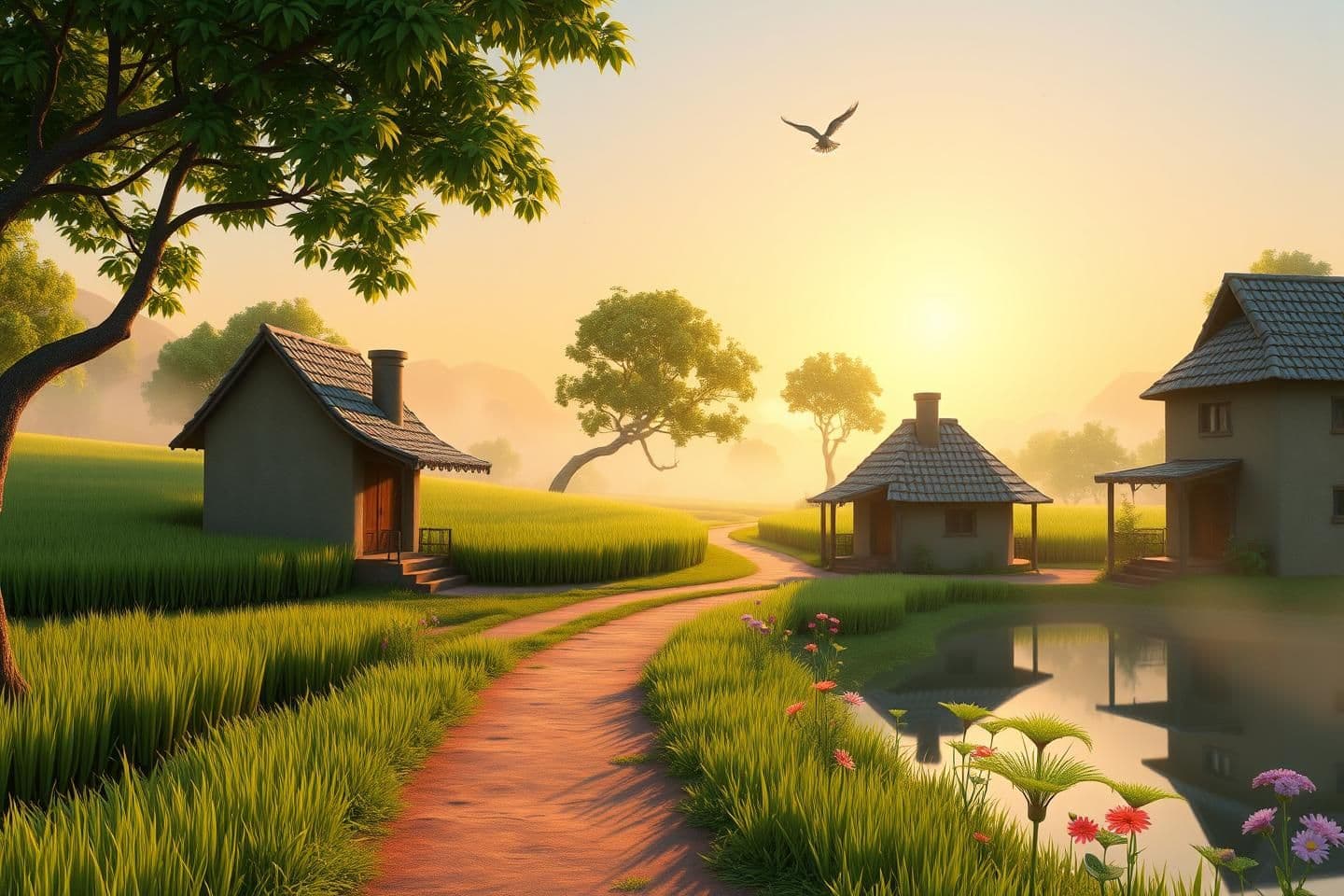 AI generated: "A peaceful early morning village scene in 3D cartoon Pixar style. Soft sunrise light shining warmly. Green rice fields, small mud houses with tiled roofs, smoke coming from a chim