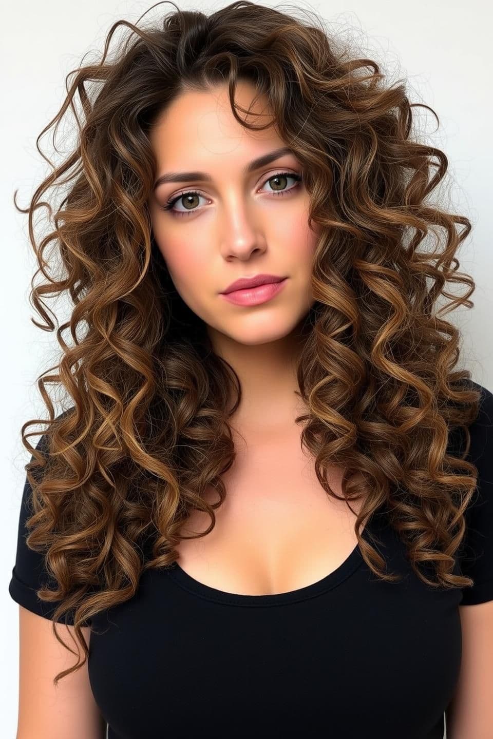 AI generated: Realistic curly hairstyle for a woman with frizzy, undefined curls, length below shoulders but above waist, square face. Hair has long soft layers starting around the collarbone, f