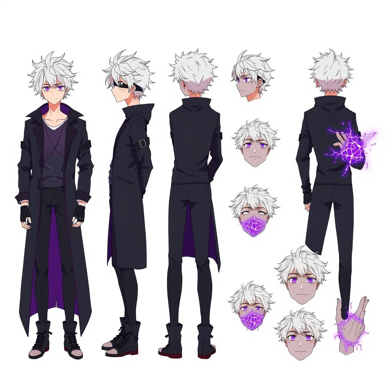 AI generated: Anime character sheet of a teenage boy with white-silver messy hair and a dark blindfold.
Calm expression, tall and lean, Jujutsu Kaisen art style.
Full-body design, front view,