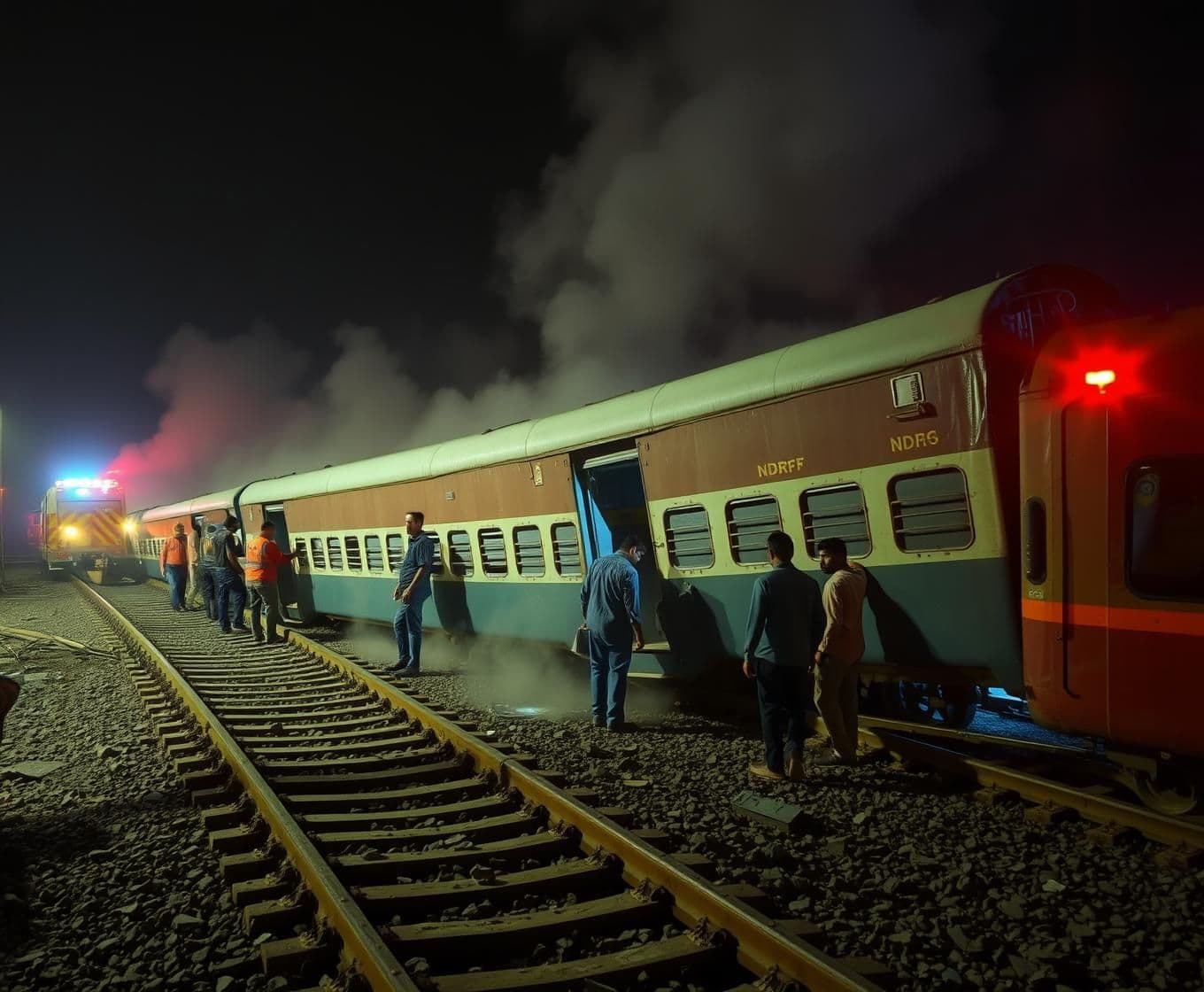 AI generated: A hyper-realistic scene of a major train accident near Bilaspur, India — derailed passenger train coaches lying sideways on broken railway tracks, smoke and dust rising in the air,