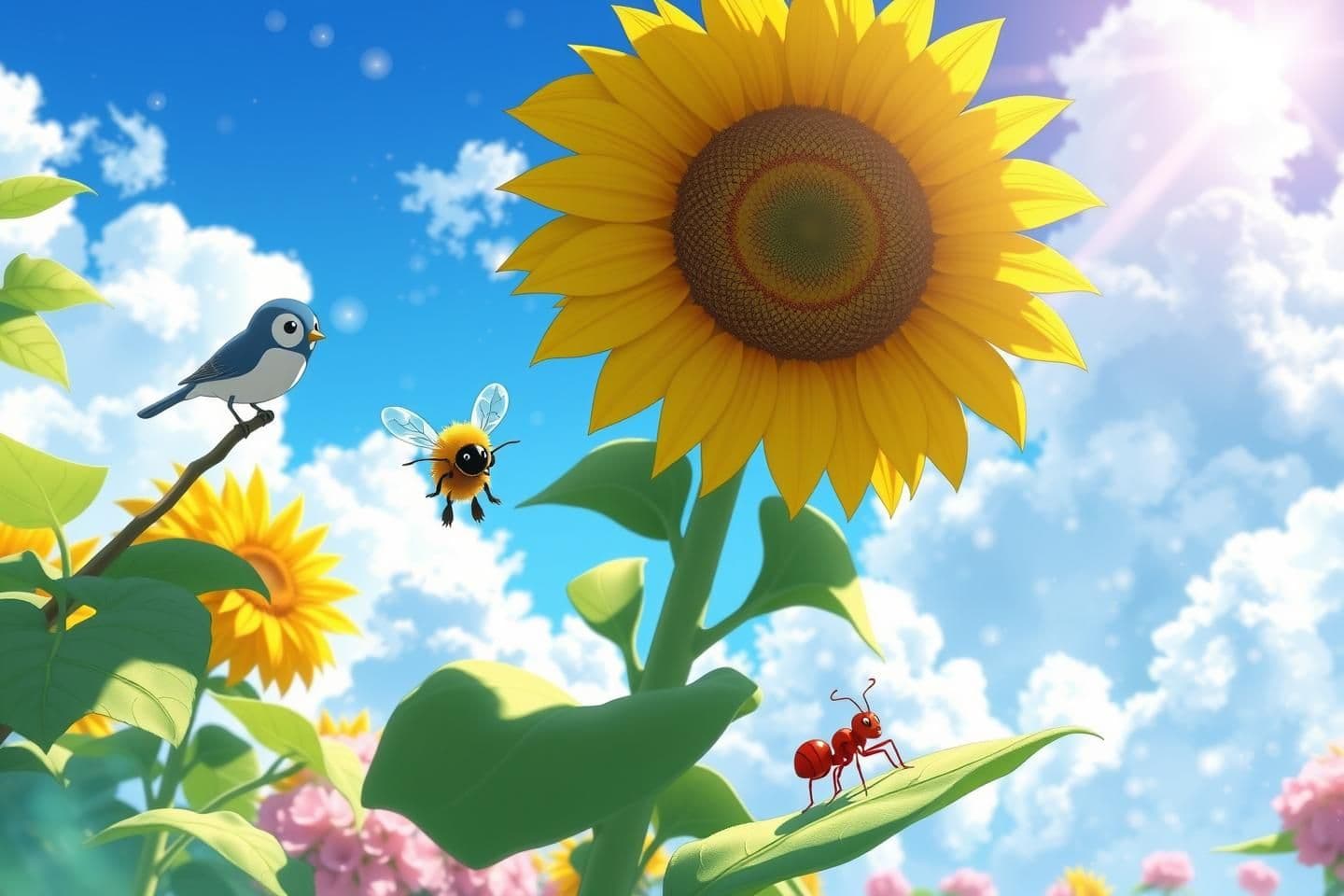 AI generated: Prompt: A vibrant YouTube thumbnail illustration in Studio Ghibli anime style. In a beautiful sunny garden, a cute fluffy honeybee is flying near a large sunflower in the center. O
