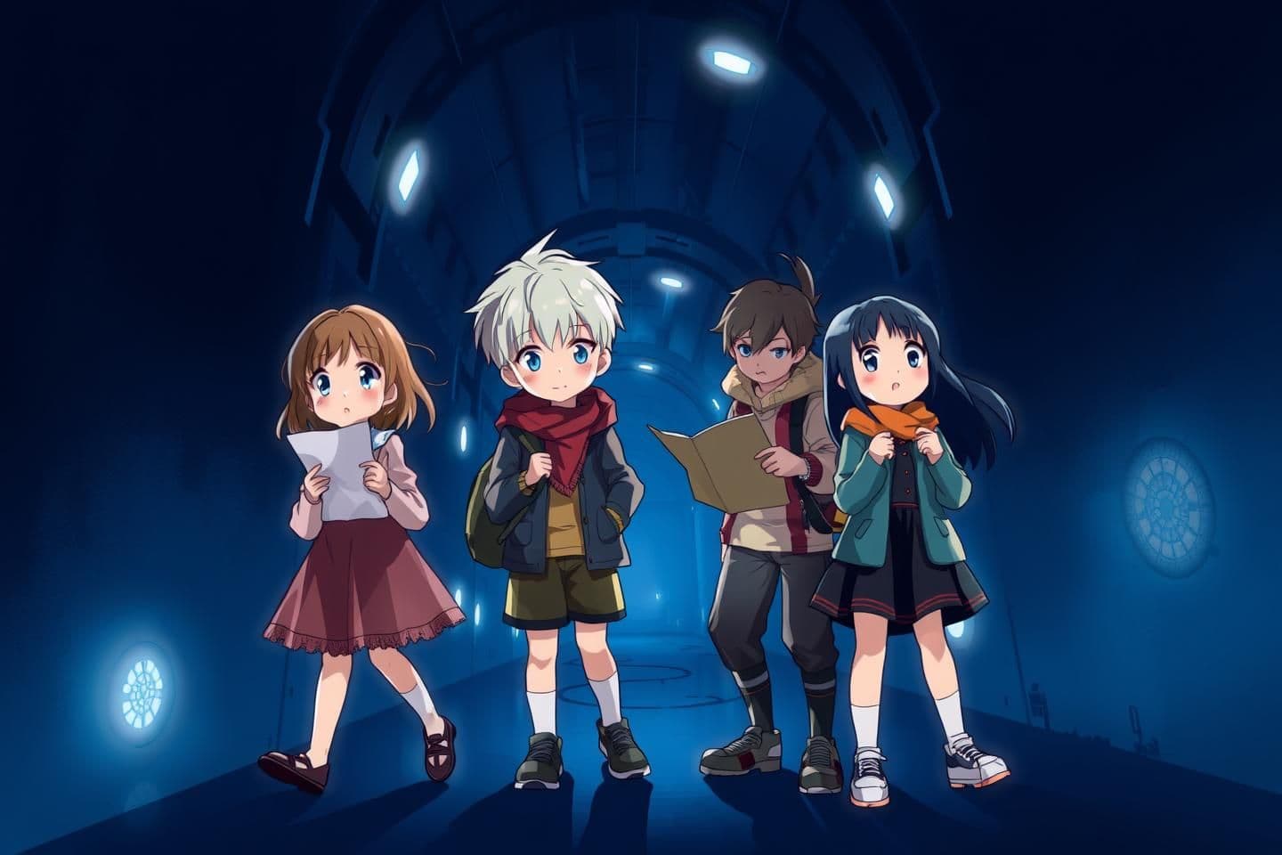 AI generated:
“A semi-realistic anime-style illustration with a dark-blue background.
There are 5 children total – 2 boys and 3 girls – all wearing new outfits different from previous chapters.