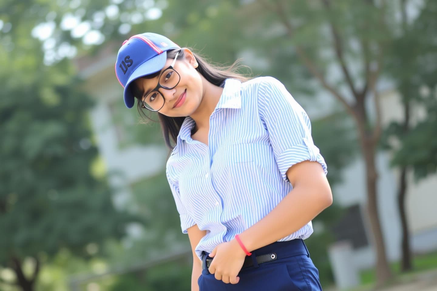 AI generated: A young woman, likely in her early twenties, of Indian descent, is positioned slightly off-center in the frame, facing the viewer with a subtle smile. She wears a blue and red base