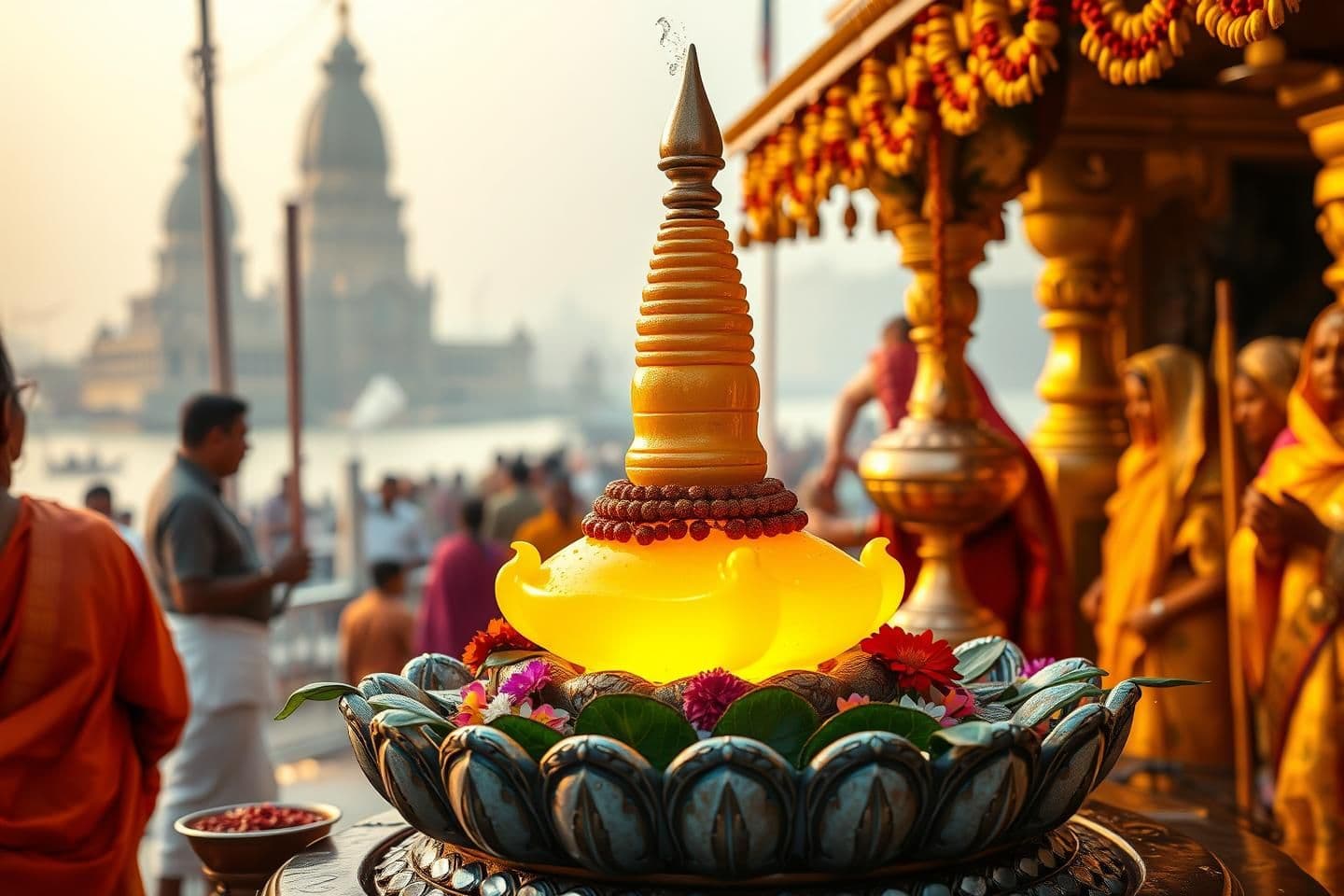 AI generated: A divine 16:9 YouTube thumbnail showing an authentic Indian-style Shiva Lingam placed on a traditional yoni base, decorated with fresh bilva leaves, rudraksha, water droplets, and