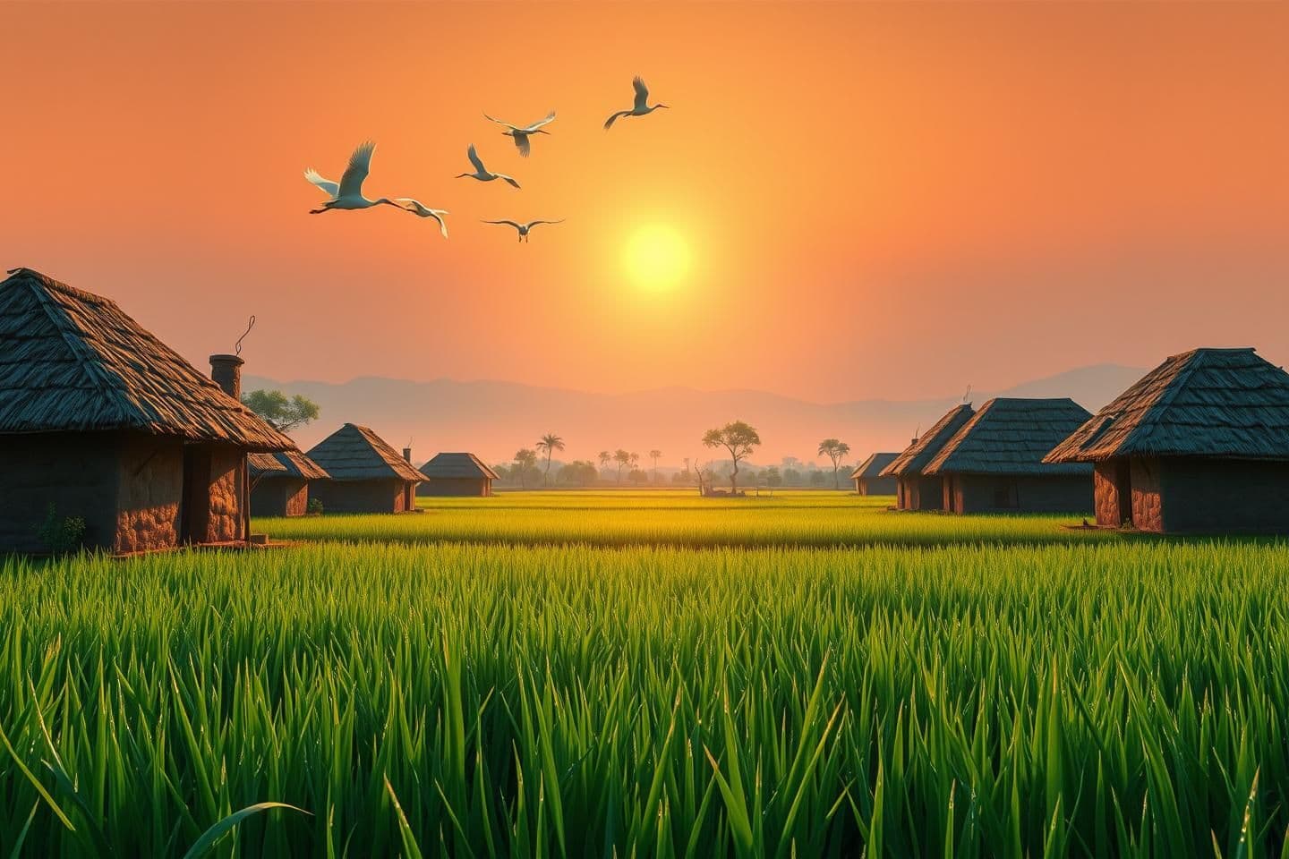 AI generated: 2D hand-drawn animation, ultra-detailed cinematic title card, 16:9 widescreen masterpiece. Epic rural Bengal sunrise: first golden rays slicing through thin morning mist like liqui