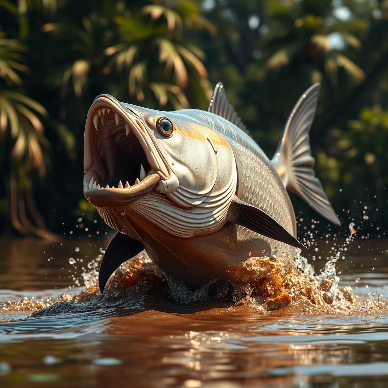 AI generated: “Ultra-realistic scene of a large predatory river fish bursting out of muddy brown water at high speed. Show the fish with a wide-open mouth full of long, sharp, curved teeth, refl