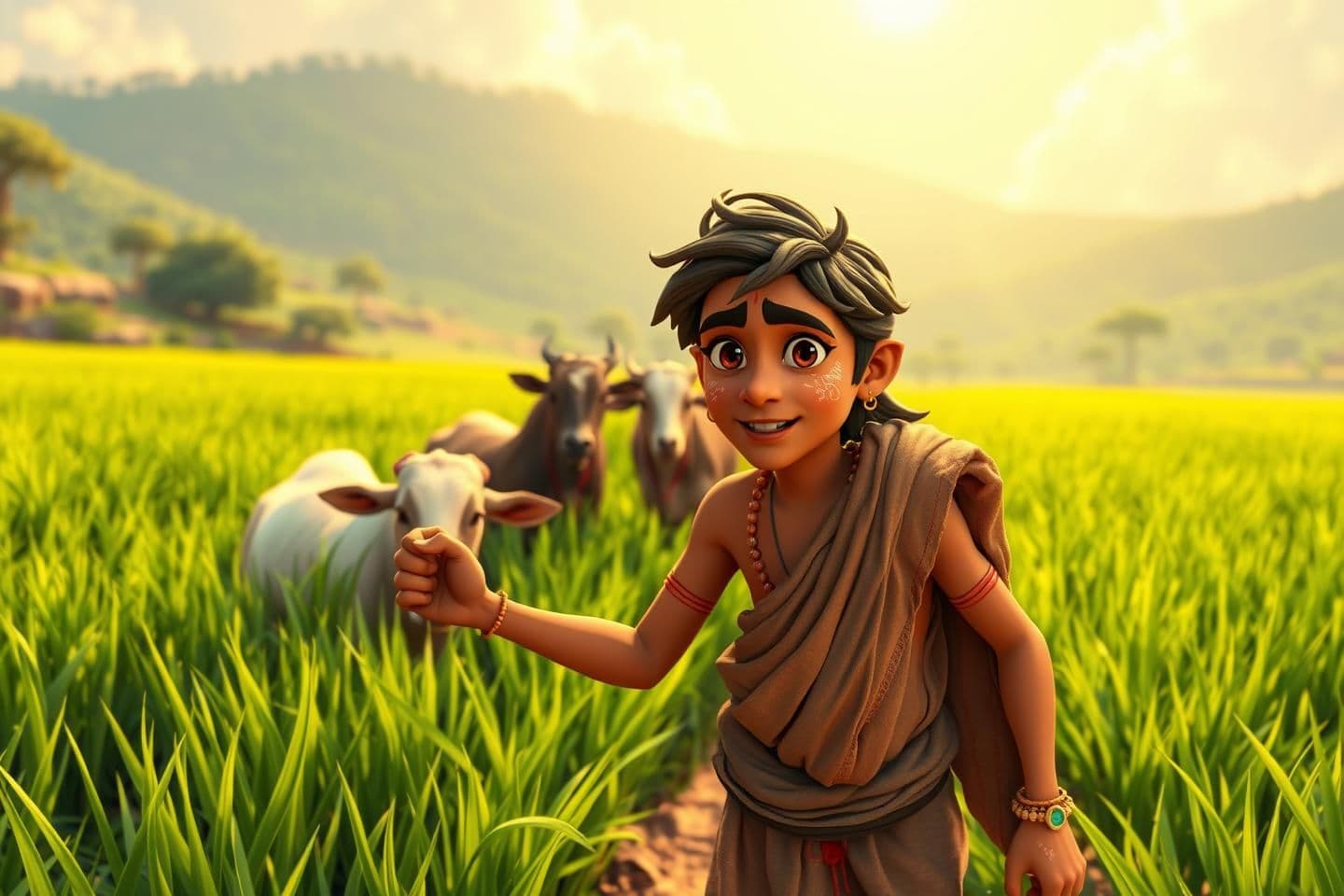 AI generated: 16:9 cartoon style, young Raja working in green fields under sunlight, guiding cows or goats with a stick. His clothes are simple and dusty, his face shows determination. Indian ru