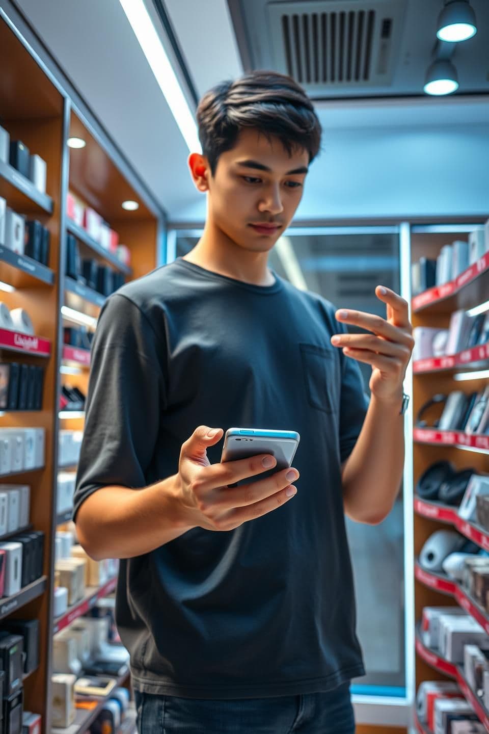 AI generated: "A 22-25 year old young man standing straight inside a modern mobile phone store, holding a sleek smartphone in both hands and attentively examining it, he slowly rotates the phone