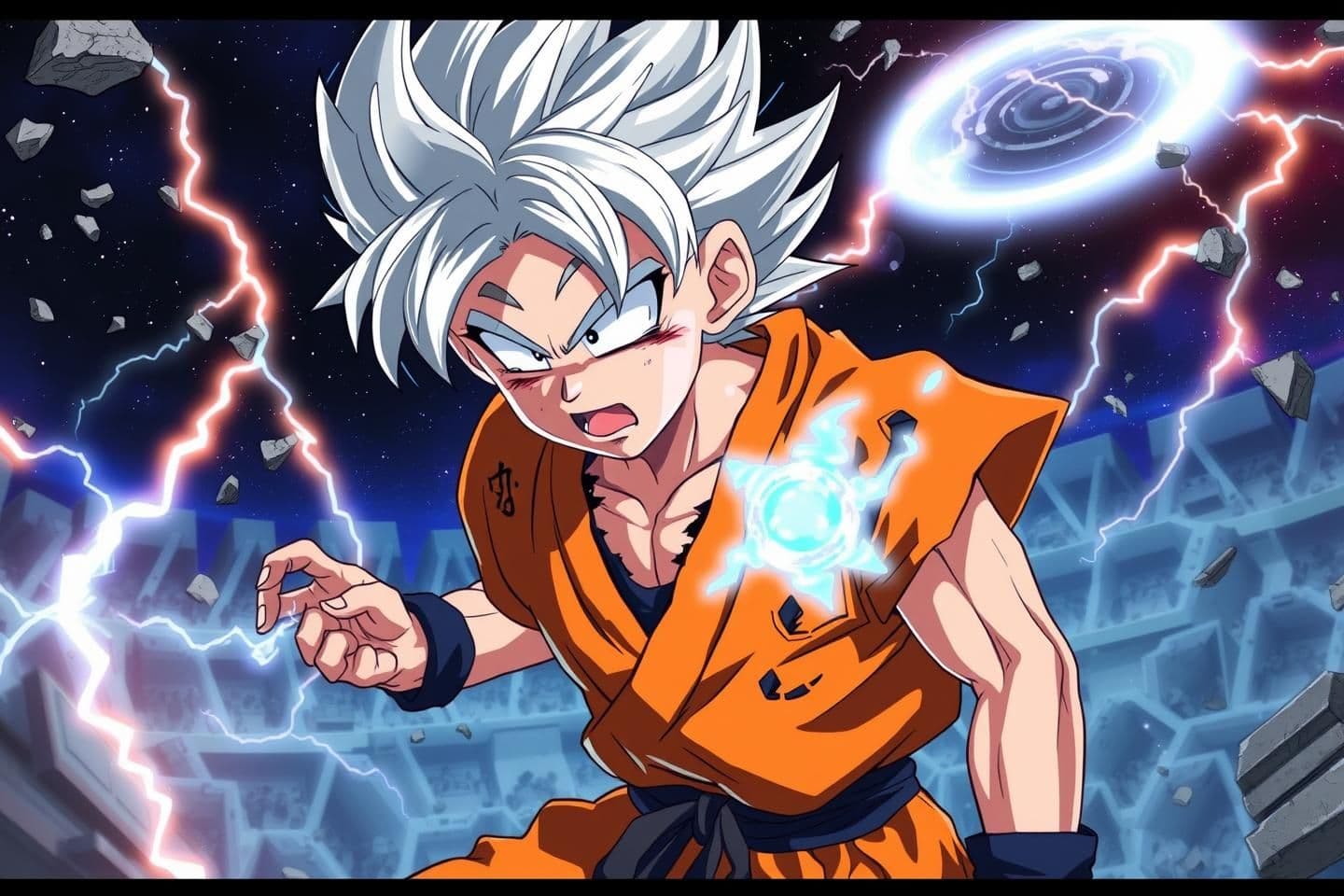 AI generated: Young anime warrior inspired by kid Goku with silver hair and glowing eyes being injured, wearing a torn orange gi, The warrior’s silver-blue aura flares violently, and the backgro