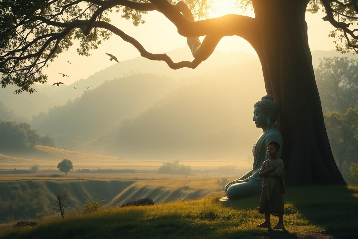 AI generated: A serene scene of Gautama Buddha sitting beneath a large Bodhi-tree-like tree near a quiet valley, soft golden aura around him, calm face, natural surroundings, birds flying, the y